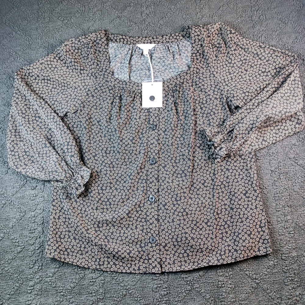 Women's Size M NWT Floral Ditsy Button Front Blouse Square Neck Ruffle Cuff